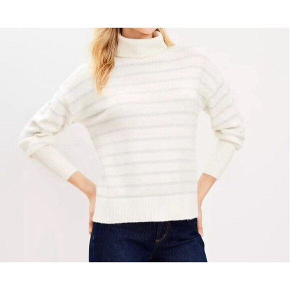LOFT Shimmer Striped Turtleneck Sweater Ivory Metallic Silver Long Sleeve XL - Picture 4 of 8